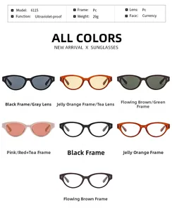 Matrix display showing 7 colorful cat-eye sunglasses with UV-proof PC frames and lenses