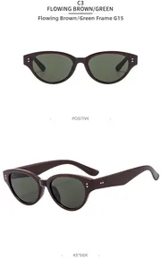 Detailed views of vintage cat eye sunglasses in flowing brown frames with G15 green lenses