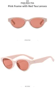 Pink cat-eye sunglasses with tea lenses showing front and 45-degree side view details