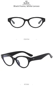 Front and side views of stylish black cat eye frames with silver dot accents and clear lenses
