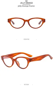 Detail view of stylish jelly orange cat-eye eyewear frames and wide side temples