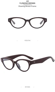 Detail view of Flowing Brown cat eye glasses frames with metal rivets and clear lenses