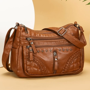 Multi Pocket Women Crossbody Bag Soft PU Leather Rivet Woven Texture Zippered Shoulder Bag Casual Vintage Large Capacity
