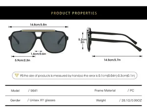 Size chart showing frame dimensions and technical specs for pilot anti-blue light glasses