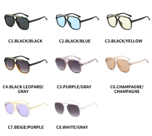 Grid layout showing eight color options for double-bridge aviator sunglasses with gold top bar