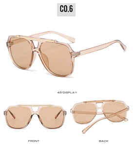 Detailed views of aviator sunglasses with tea-colored frames and gold metal accents