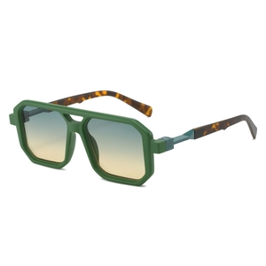 Square aviator sunglasses with matte green frames and blue-yellow gradient lenses