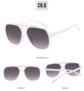 Three views of retro double-bridge pilot sunglasses with white frames and gold details