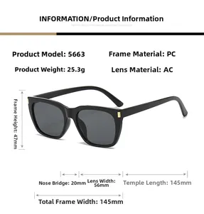Detailed size chart and specifications for black square frame sunglasses model 5663