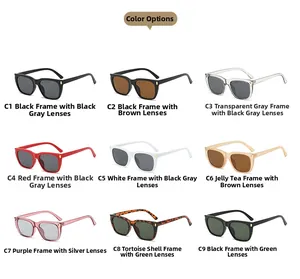 Grid view showcasing nine colorful square frame sunglasses with UV protection lenses