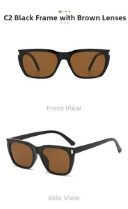 Detail of square black frame sunglasses with brown lenses and gold metal accents