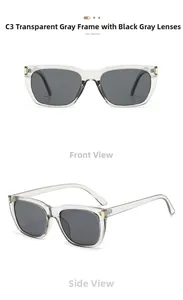 Detail view of square transparent grey sunglasses with dark grey lenses from two angles