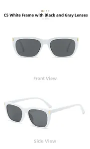 Detail view of square white sunglasses with dark grey lenses and golden metal accents