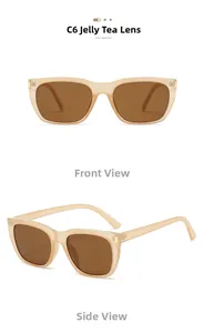 Front and side views of square jelly champagne sunglasses with brown tinted lenses