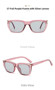 Detail view of purple frame square sunglasses with silver reflective lenses from two angles