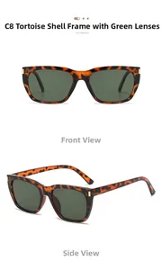 Front and side view of C8 tortoiseshell frame sunglasses with green lenses