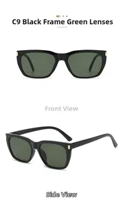 Detail view of square black sunglasses with green lenses and gold metal rivets