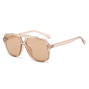 Retro double-bridge pilot sunglasses in champagne acetate frame with gold metal top bar