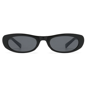 Retro oval sunglasses with thick black frames and dark grey lenses for a minimalist look