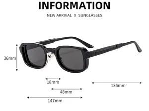 Detailed dimension chart showing frame height, width, and temple length of square sunglasses