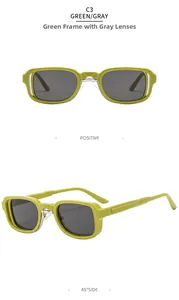 Fruit green square sunglasses with gray lenses and metal bridge shown from two angles