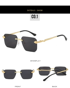 Détails de lunettes de soleil sans monture avec branches dorées ornées en forme de serpent