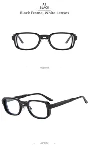 Front and 45-degree side view of black rectangular frame glasses with clear lenses