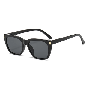 Classic square black sunglasses with dark grey lenses and gold metal frame accents