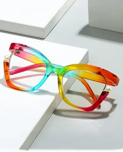 Detailed close-up of rainbow gradient cat-eye frames with elegant pearl temple accents