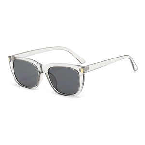 Modern square UV400 sunglasses for women with transparent grey frame and black lenses