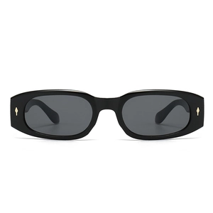 Retro square sunglasses with black frame and golden diamond accents on white background
