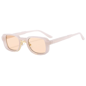 Fashionable square retro sunglasses with beige translucent frames and orange lenses
