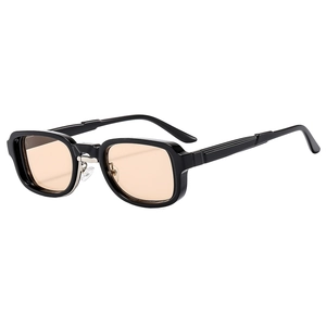 Modern square sunglasses with black frame and translucent orange lenses in 45-degree view