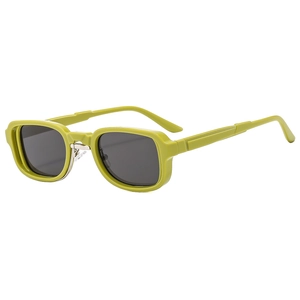 Retro olive green square frame sunglasses with thick temples and dark gray lenses