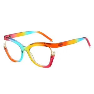 Chic cat eye glasses frame with rainbow gradient finish and pearl accents on white background