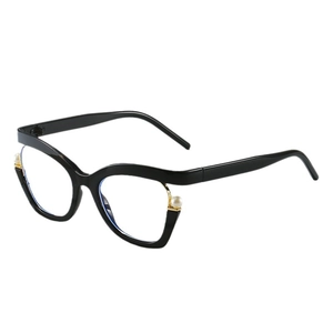 Fashionable black cat eye glasses frames with pearl accents and golden metal base