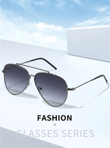 Close-up of pilot sunglasses with gunmetal stainless steel frame and gradient lenses