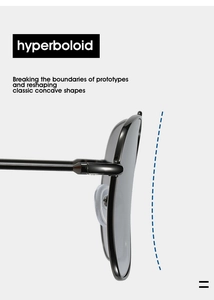 Close-up of square aviator sunglasses featuring hyperboloid concave lens and steel frame