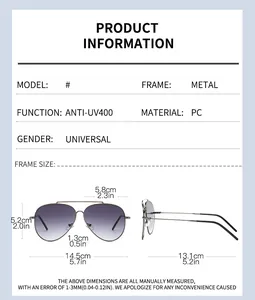 Size chart for aviator sunglasses with stainless steel frame and UV400 lens dimensions