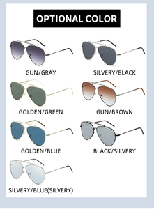 Detailed grid view of aviator sunglasses with metal frames in seven diverse lens colors