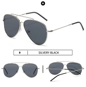 Silvery stainless steel aviator sunglasses with black lenses shown from multiple angles