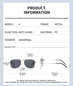 Detailed dimension guide for square aviator sunglasses with silver stainless steel frame