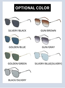 Grid display of square aviator sunglasses in multiple frame and lens color options