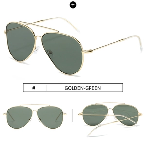 Detailed views of gold aviator sunglasses with green lenses and stainless steel frame