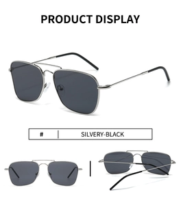 Detailed views of square aviator sunglasses with silver stainless steel frames and black lenses