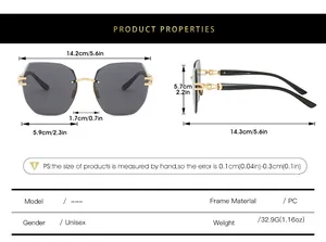 Detailed size chart of rimless oval sunglasses showing frame and lens dimensions