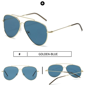 Detailed views of golden stainless steel aviator sunglasses with deep blue lenses