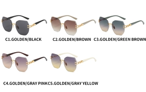 Collection of frameless oval sunglasses with gold metal chain arms in five gradient colors