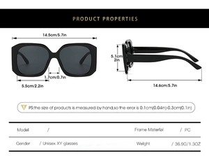 Detailed dimension guide for unisex square frame oversized sunglasses in PC material