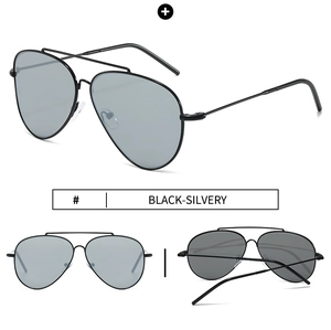 Detail view of aviator sunglasses with black stainless steel frame and silver lenses